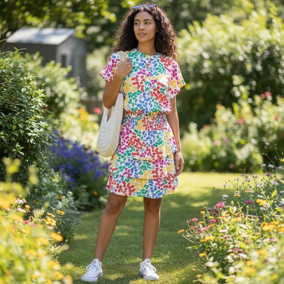 Gibsonlook Dresses & Skirts - NEW Gibsonlook Rainbow Print Dress Smocked Waist Ruffle Pride Festival Medium